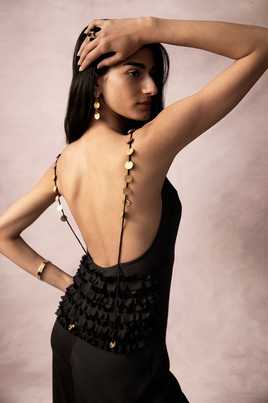 Black maxi slip dress with coins on the straps