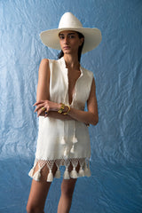 short v-neck dress with tassels on the hemline