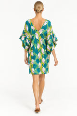 Alison Short V neck 3/4 Sleeve Tropical Leaves Dress