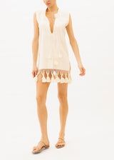 short v-neck dress with tassels on the hemline