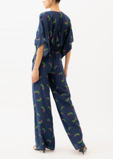 navy and red floral print jumpsuit