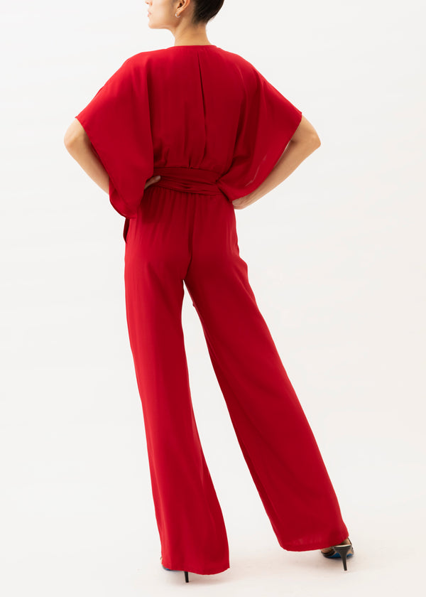 Red silk jumpsuit with tie