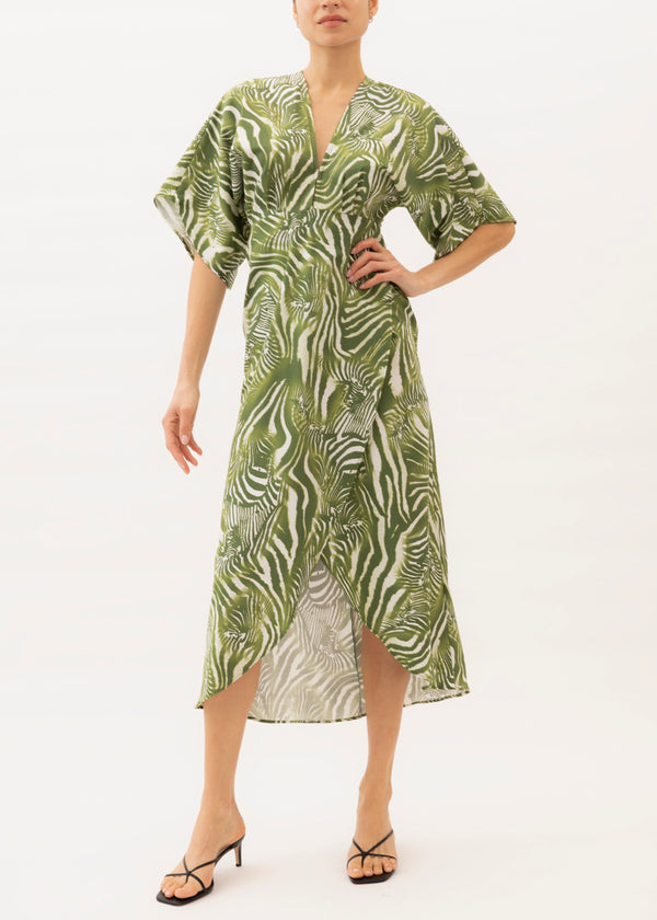 Green abstract zebra print maxi dress