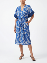 Carolina V Neck Midi Cinched Waist Kaftan Blue Leaf Print