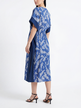Carolina V Neck Midi Cinched Waist Kaftan Blue Leaf Print