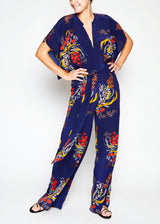 Tie waist blue floral jumpsuit