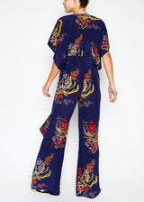 Tie waist blue floral jumpsuit