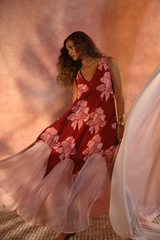 pink floral silk and chiffon kaftan dress