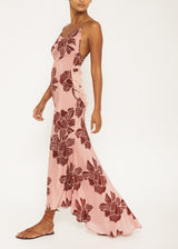 pink floral chiffon long low back dress
