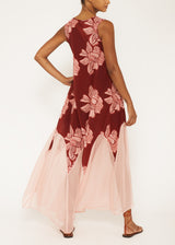 pink floral silk and chiffon kaftan dress