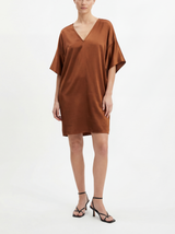 Cognac silk dress with short kimono sleeves worn by a model on a white background