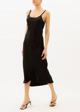 A model wearing a midi silk black slip dress