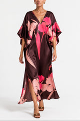 V neck kimono folded 3/4 sleeve maxi dress in a brown pink large floral print with side slits 