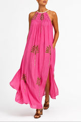 high neck racer cut long maxi dress in a pink palm tree print dress with braided detail neck line 