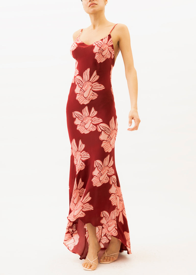 slip maxi dress with red and pink floral pattern