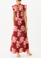 Red and pink floral maxi dress with front slit