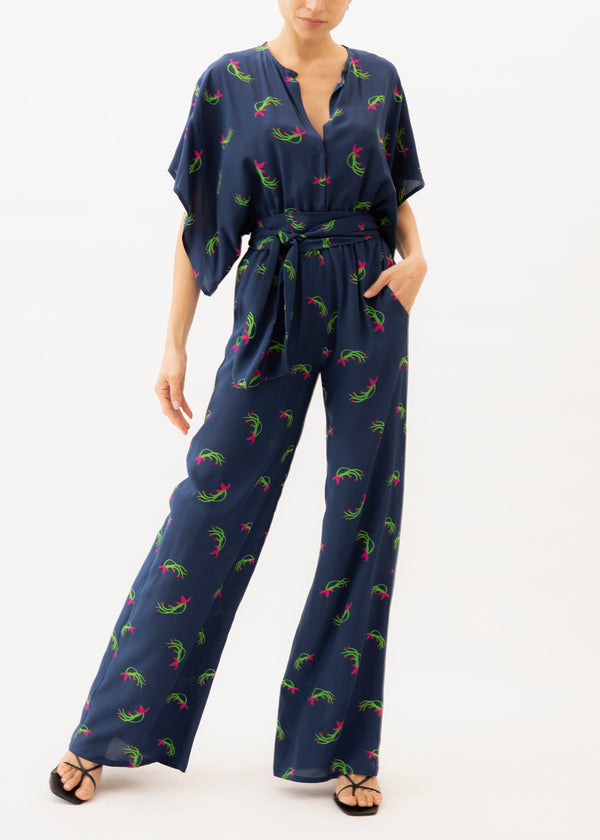 navy and red floral print jumpsuit