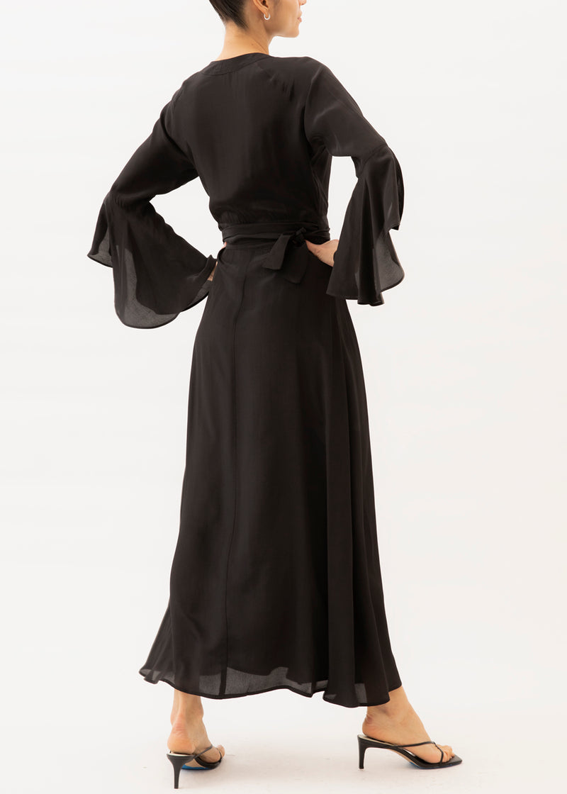 black flowy maxi wrap dress