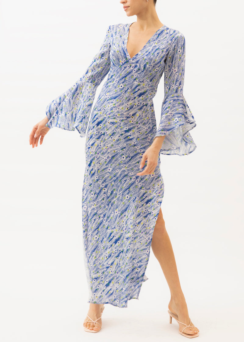 blue peacock print maxi dress