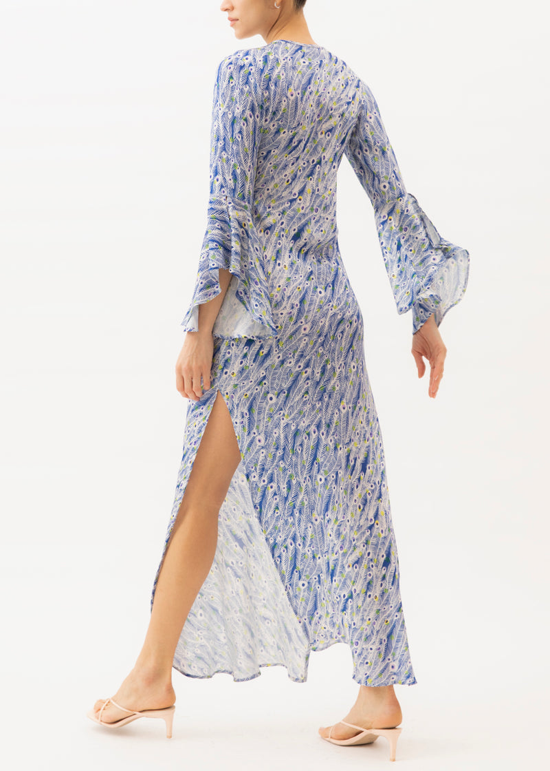 blue peacock print maxi dress