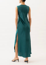 teal silk maxi dress with side slit