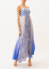 Long multi patterned blue and white dress with tassel straps