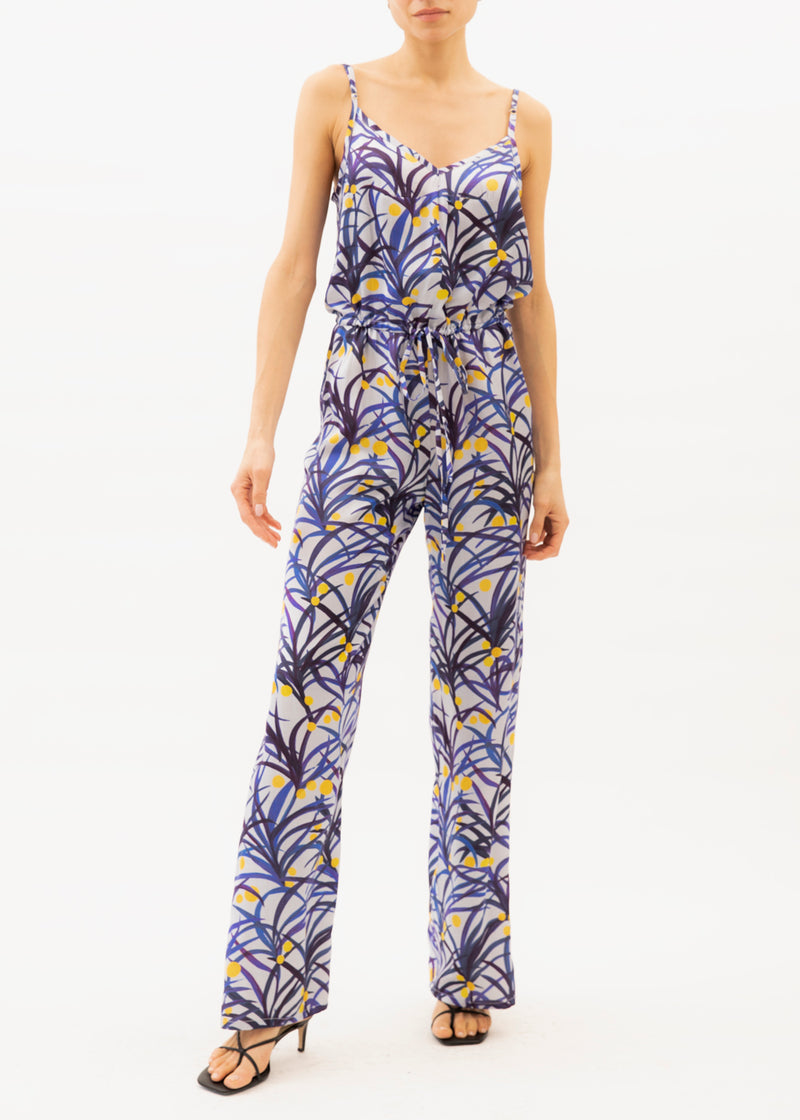 blue and yellow patterned jumpsuit with tie waist