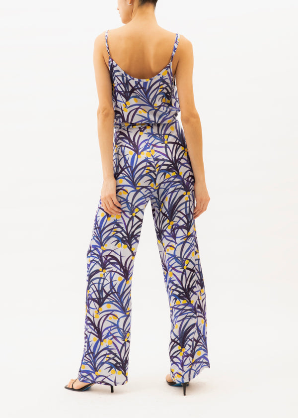 blue and yellow patterned jumpsuit with tie waist