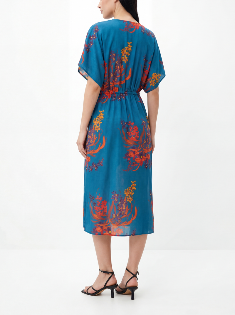 Carolina V Neck Midi Blue Orchid Cinched Waist Kaftan