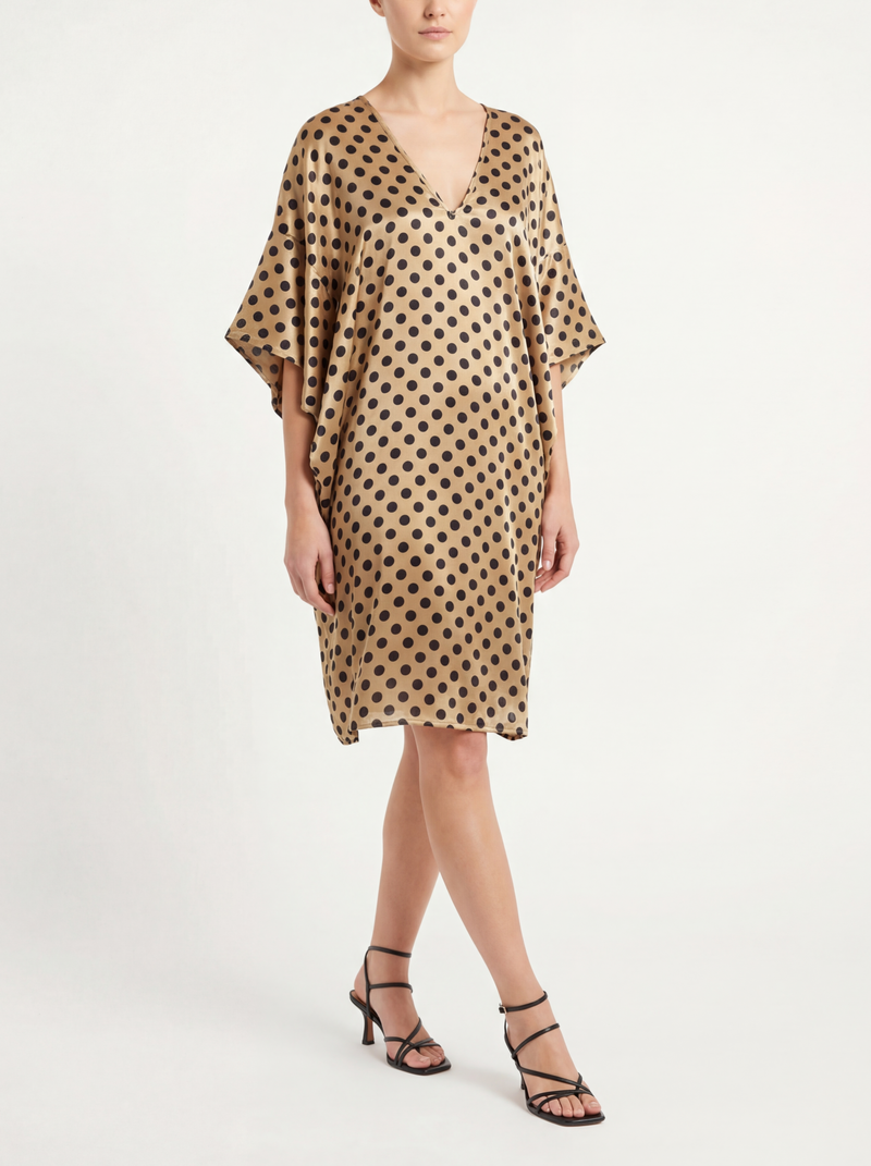 slim fit dress slacks Alison Short Kimono Sleeve Silk Polka Dot Gold Dress Medium