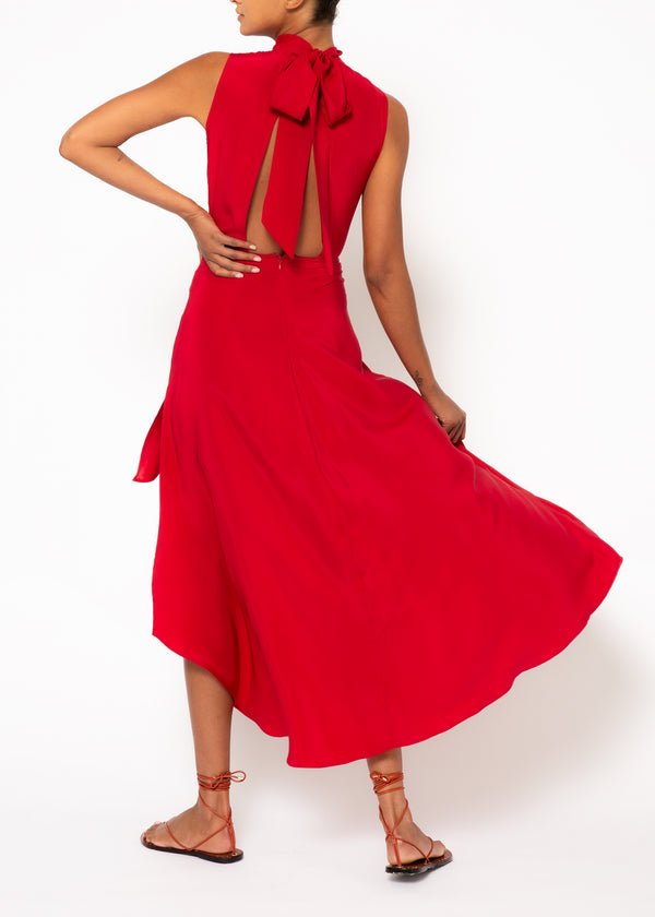 Red silk high neck dress