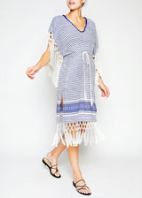 Striped blue macrame fringe dress