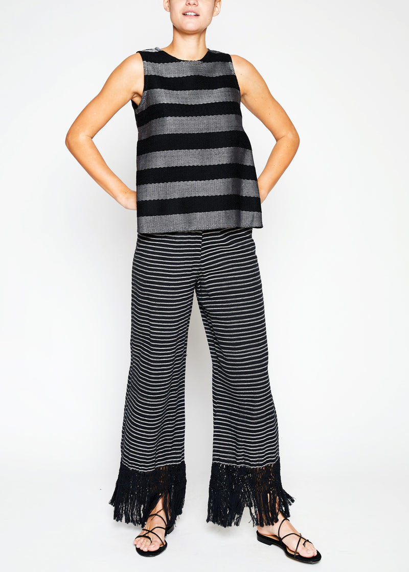 black and white striped cotton trim pants