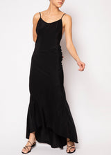 The model is wearing a Black silk chiffon open back dress