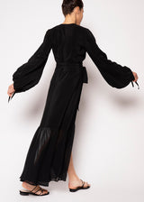 Black long sleeve silk wrap dress