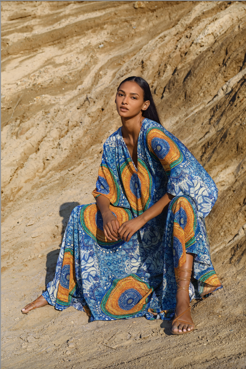 Blue and yellow printed kaftan