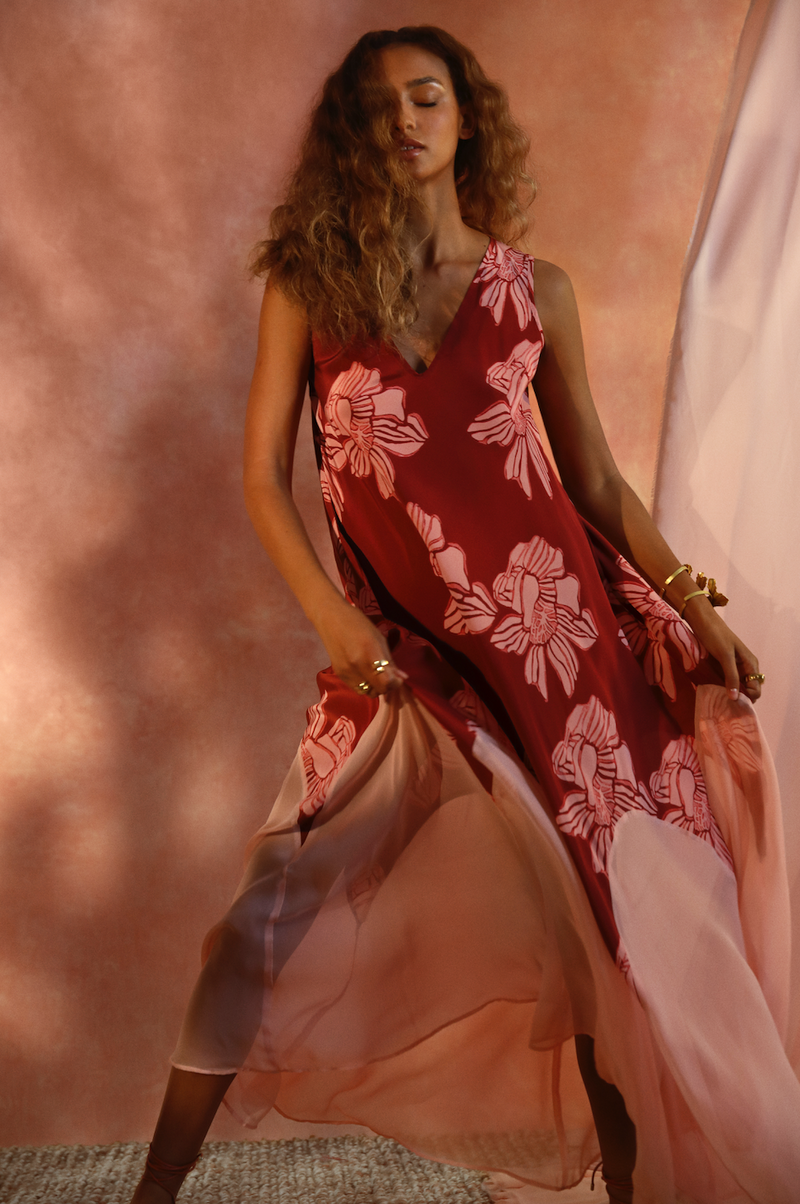 pink floral silk and chiffon kaftan dress