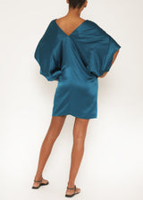 Short teal silk kimino sleeve dress 