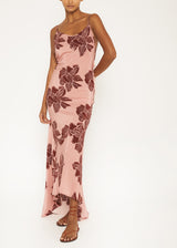 pink floral chiffon long low back dress