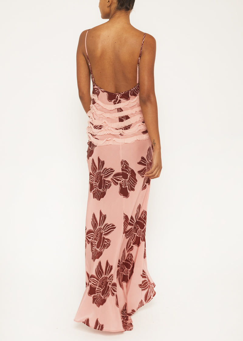 pink floral chiffon long low back dress