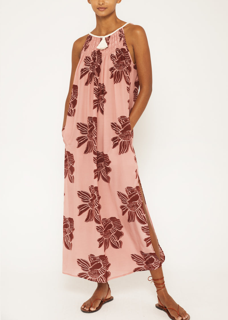 two toned tassel detail pink floral maxi dress