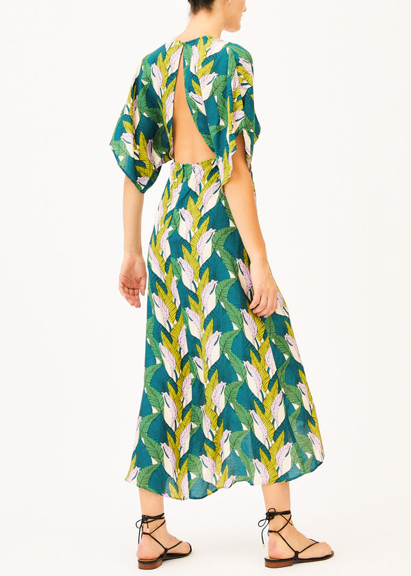 backless green patterned maxi dress