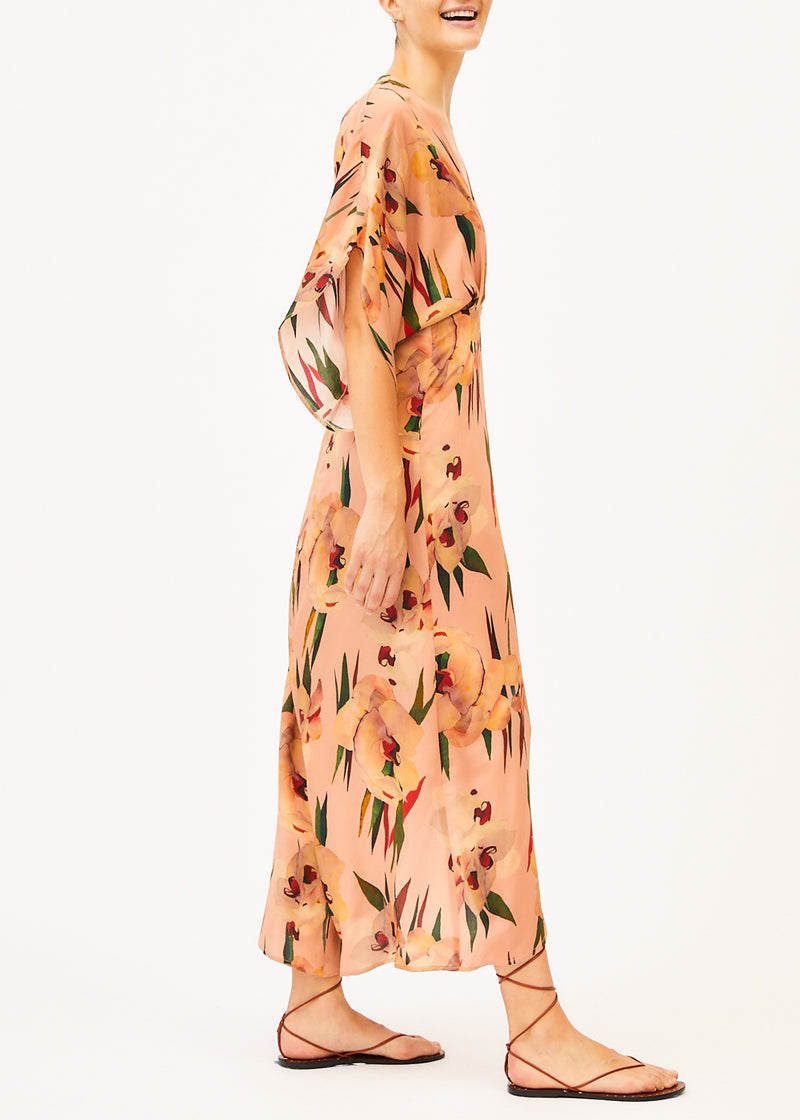 backless pink patterned maxi dress