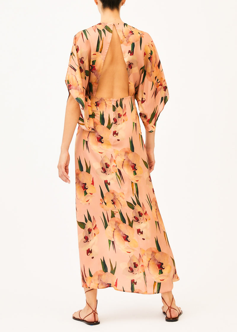 backless pink patterned maxi dress