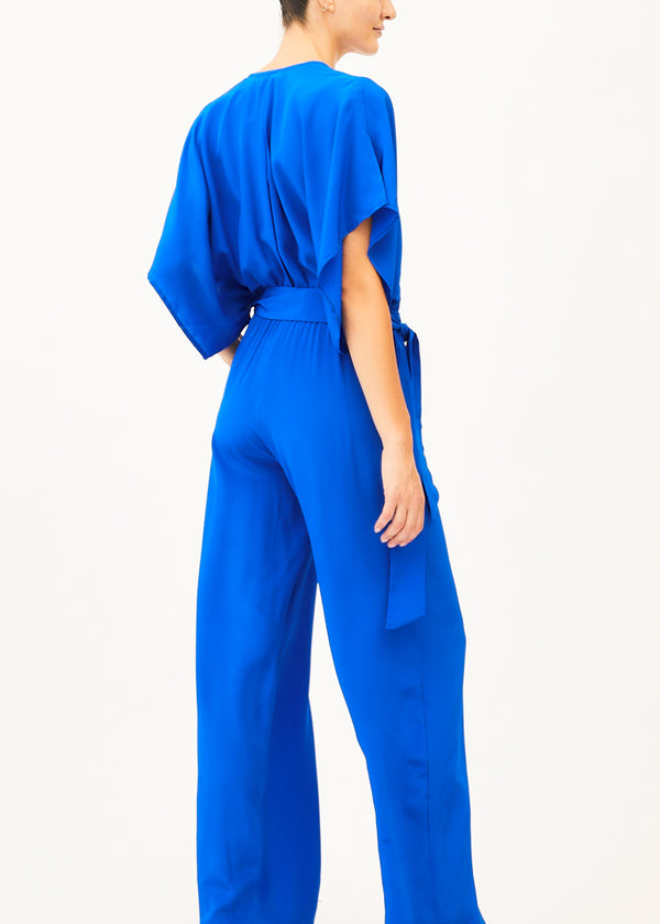blue long jumpsuit tie waist pockets