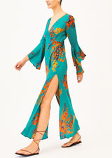 green patterned silk maxi dress